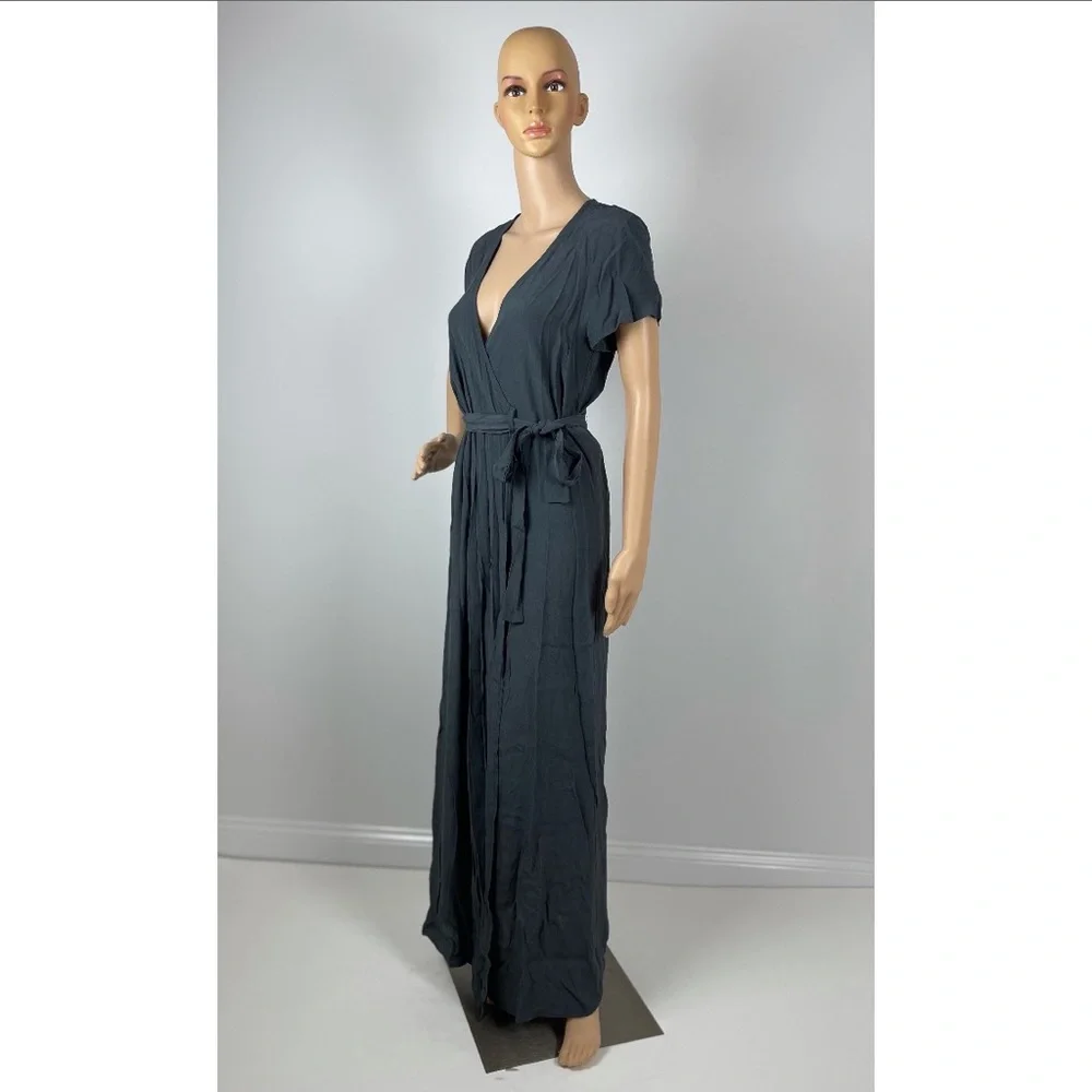 Dark Grey V-neck Tie-front Short Sleeve Wrapped Maxi Dress